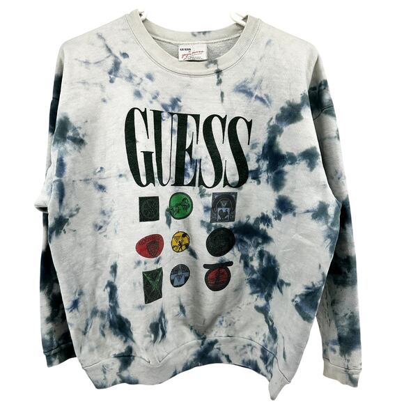 Vintage Guess Tie Dye Sweatshirt Logo Crew Neck Oversized White Blue OS - Picture 1 of 6